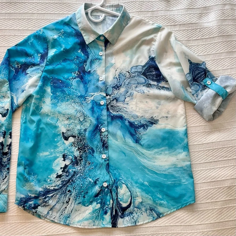 Unisex Blue Marble Water Swirls surf Splash Adjustable Sleeve Shirt - Picture 2 of 8